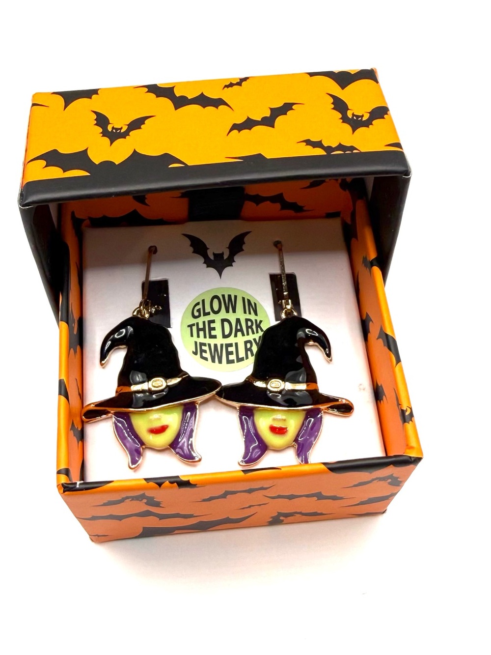 Glow-in-the-Dark Witch Hat Earrings - Black Green & Purple